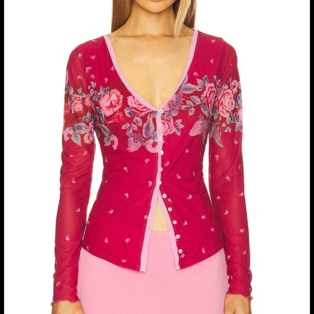 Free People Home Grown Cardi Magenta Combo XS